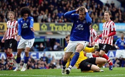 Everton's Nikica Jelavic (R) reacts after a missed scoring opportunity against Sunderland