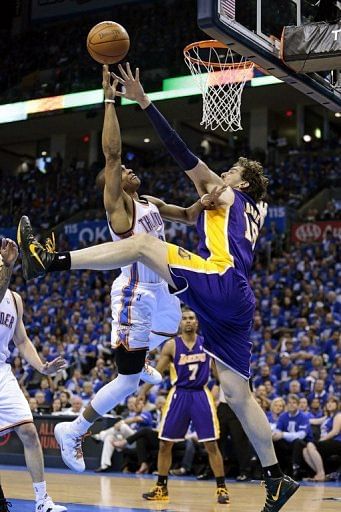 Russell Westbrook (L) scored a game-high 27 points for the Oklahoma City Thunder Russell Westbrook (L) scored a game-high 27 points for the Oklahoma City Thunder