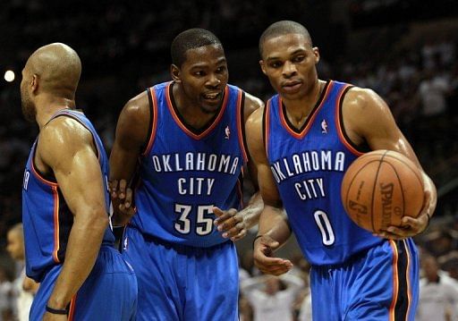 Oklahoma City Thunder's Kevin Durant (C) and Russell Westbrook (R) during their NBA Western Conference Finals Oklahoma City Thunder's Kevin Durant (C) and Russell Westbrook (R) during their NBA Western Conference Finals