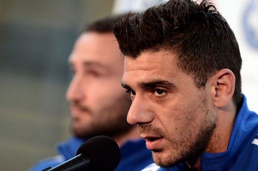 Greece's midfielder Konstantinos Katsouranis speaks during a press conference at the Municipal stadium Greece's midfielder Konstantinos Katsouranis speaks during a press conference at the Municipal stadium