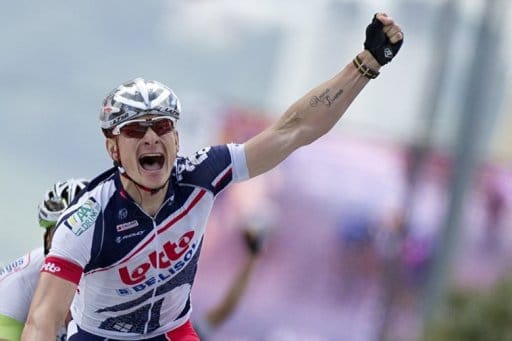 Germany's Andre Greipel celebrates on the finish line