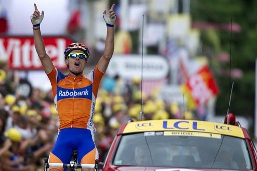 Luis Leon Sanchez celebrates his stage win in Foix on Sunday Luis Leon Sanchez celebrates his stage win in Foix on Sunday