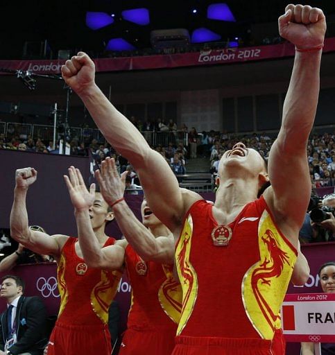 China's team react during the men's team final of the artistic gymnastics event of the London Olympic Games China's team react during the men's team final of the artistic gymnastics event of the London Olympic Games