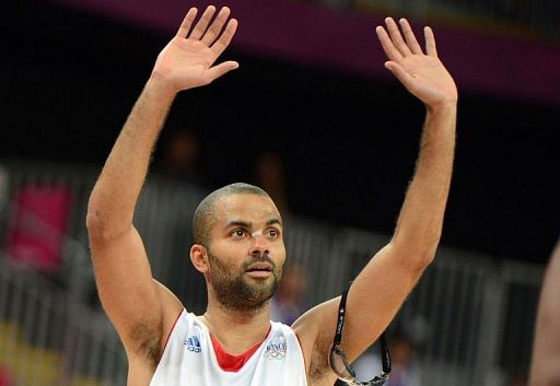 French guard Tony Parker celebrates at the end of the match French guard Tony Parker celebrates at the end of the match