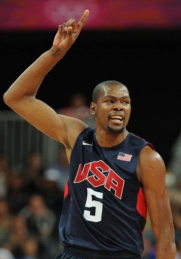 US forward Kevin Durant reacts during the men's basketball preliminary round match Argentina vs USA