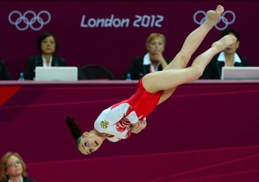 Russia's gymnast Aliya Mustafina performs during the women' s floor exercise