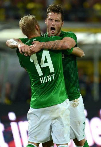 Bremen's Austrian striker Marko Arnautovic (R) and Bremen's midfielder Aaron Hunt Bremen's Austrian striker Marko Arnautovic (R) and Bremen's midfielder Aaron Hunt