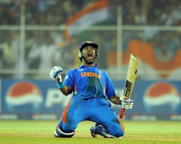 Indian batsman Yuvraj Singh celebrates a