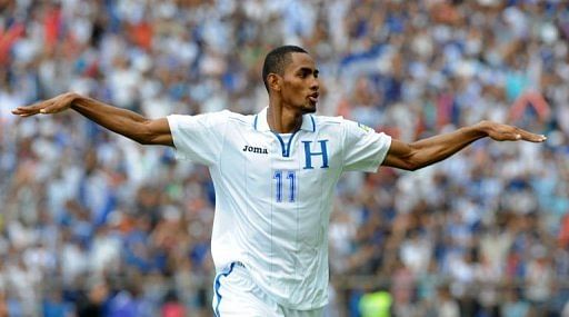 Honduran Jerry Bengtson celebrates after scoring against Canada