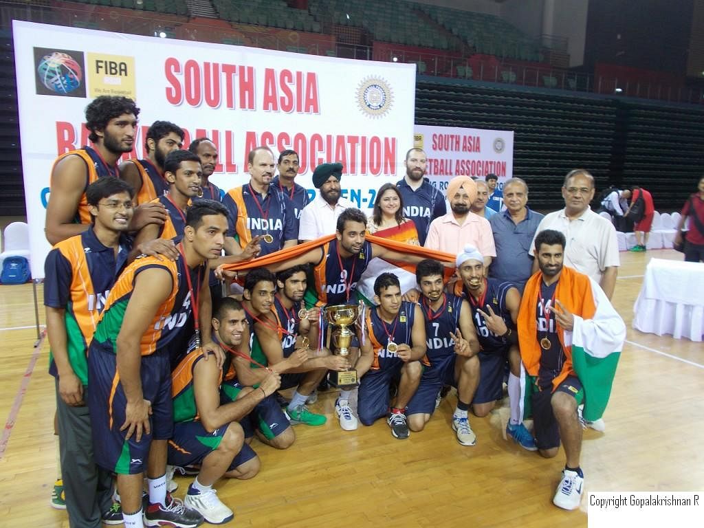 The Indian Men's squad after their victorious South Asian Basketball Association (SABA) qualifying campaign.