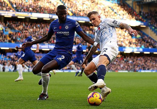 Lucas Digne (right) in action during Everton's 0-0 draw against Chelsea on Sunday.