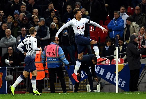 Alli celebrates his headed strike after Eriksen's beautifully weighted delivery into the box
