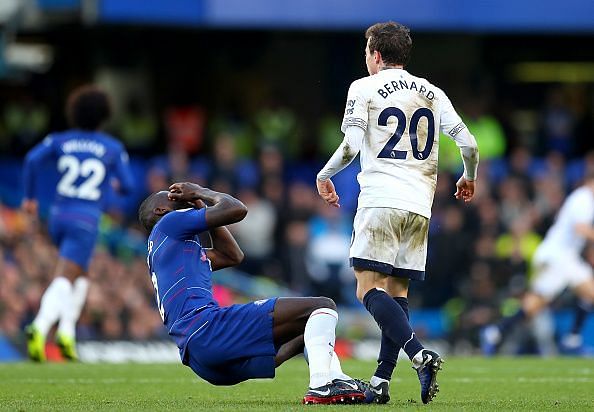 Bernard (no.20) headbutting Chelsea's Antonio Rudiger during the Premier League clash 