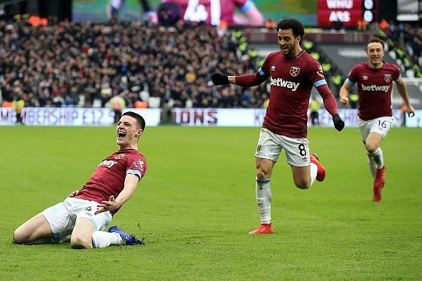 Rice celebrates his first senior goal with a euphoric knee slide against Arsenal