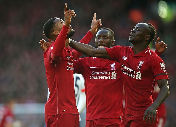 Goals from Wijnaldum (far left), Mane (far right) and Salah sealed all three points on this occasion