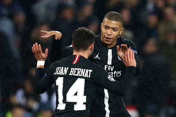 Bernat celebrates his equaliser with Mbappe, on an evening where the Spaniard didn't deserve to lose
