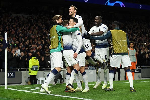 Tottenham players celebrate Son's goal during their 1-0 win over Manchester City in the UCL QF first leg