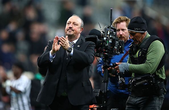Rafa Benitez applauds the boisterous home support, who were in full attendance to enjoy a five-goal thriller