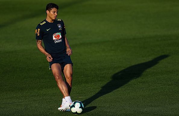 Thiago Silva, 34, pictured in training with Brazil ahead of this summer's Copa America tournament