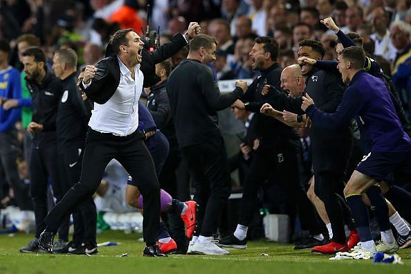 Lampard celebrates after his Derby side overcame a first leg deficit to beat Leeds in their playoff semi-final