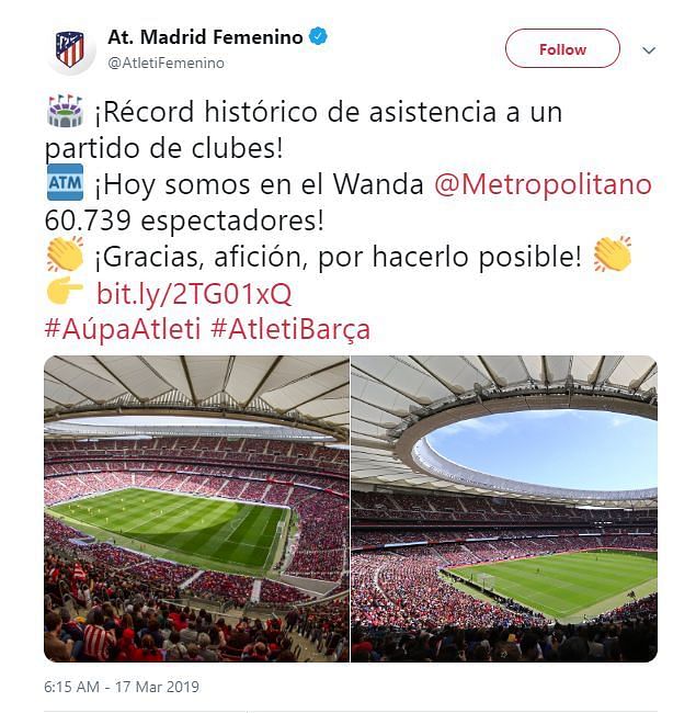 Record attendance at Wanda Metropolitano for the Atletico Madrid vs Barcelona match. Barcelona won 0-2 but Atletico won the La Liga title
