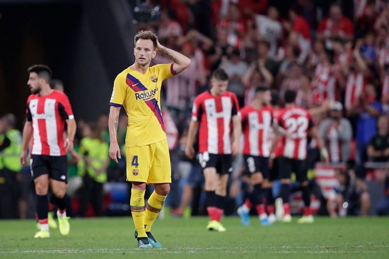 Ivan Rakitic reacts after Aduriz stuns Barca late on to claim all three points on a memorable opening night