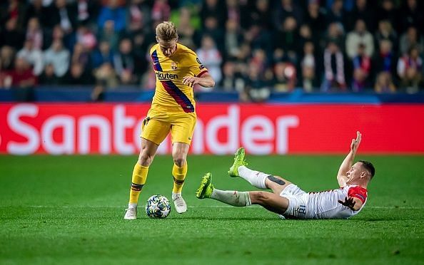 Frenkie de Jong (left) battling with fullback and Prague goalscorer Jan Boril during their 2-1 win