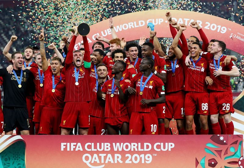 Liverpool celebrate after lifting the Club World Cup trophy