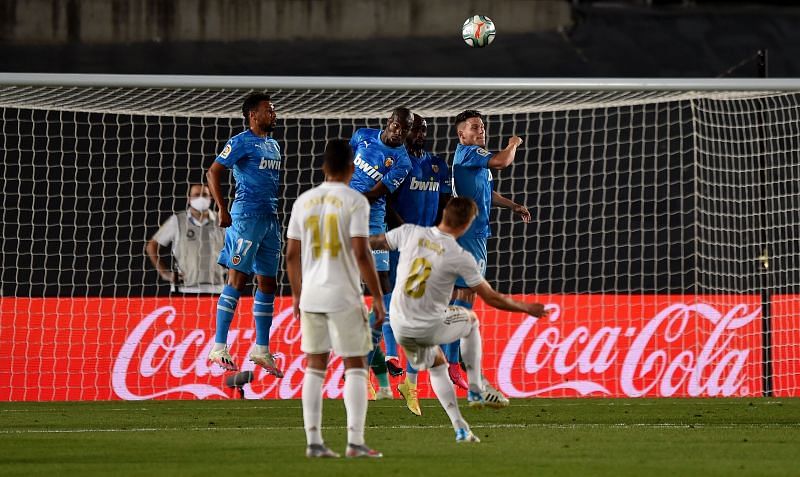 Real Madrid's Kroos came close with a free-kick from distance, during another impressive midfield showing