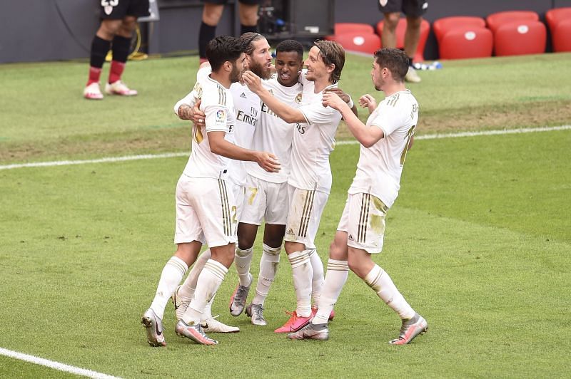 Ramos celebrates with his Real Madrid teammates after his penalty - he now has ten La Liga goals this term