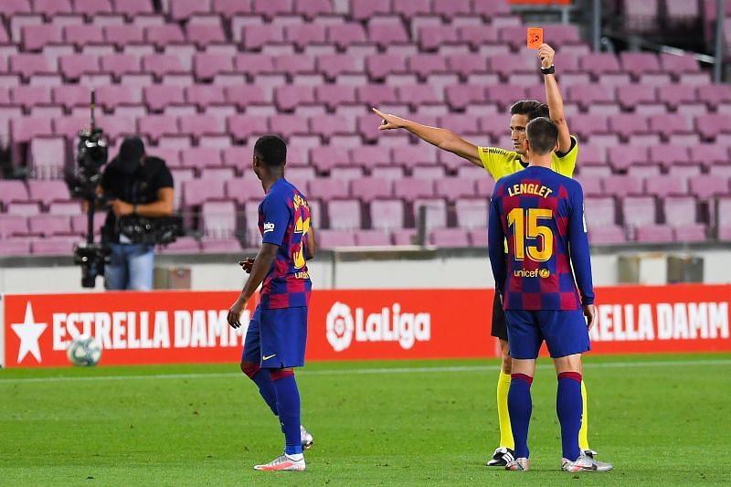 Barcelona's Fati reacts in disbelief after being sent off just five minutes into the second-half vs. Espanyol