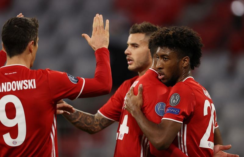 Lewandowski, Hernandez and Tolisso celebrate with Coman during his brilliant showing against Atletico