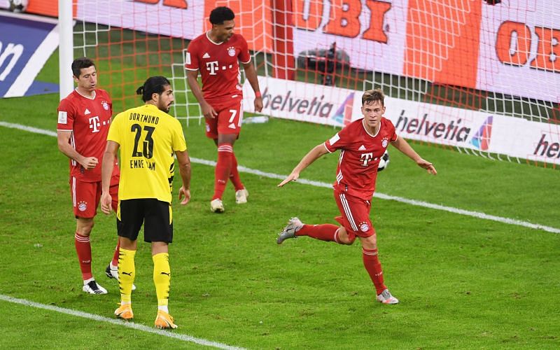 Kimmich wheels away to celebrate a well-taken winner late on against a wasteful Borussia Dortmund
