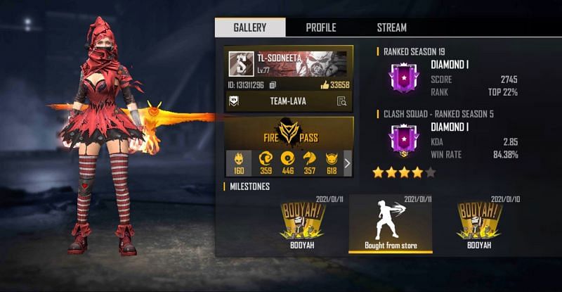 Sooneeta's in-game Free Fire ID, K/D ratio, and stats in January 2021