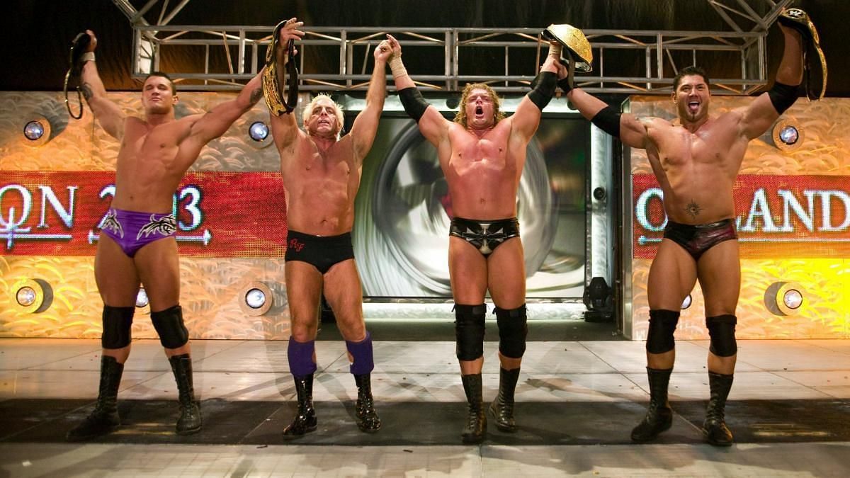 Randy Orton with Triple H, Batista and Ric Flair in Evolution
