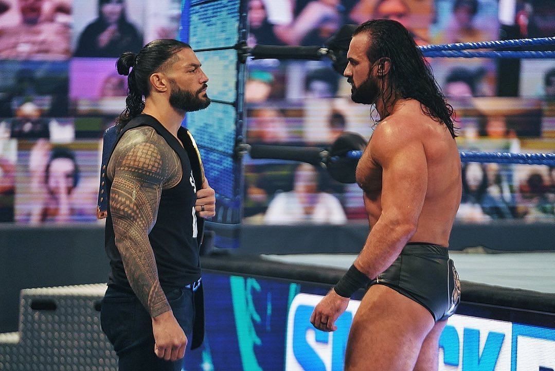 Roman Reigns (left) and Drew McIntyre (right)