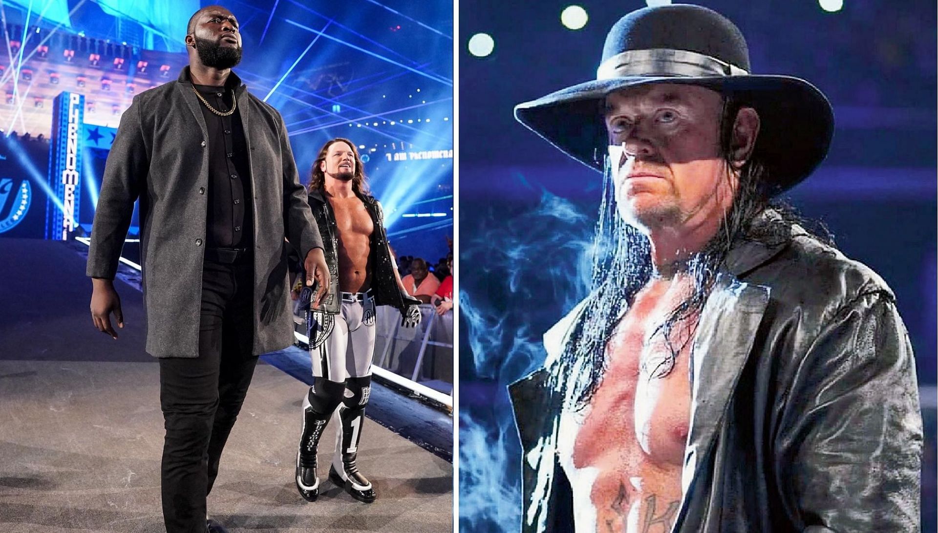 Omos approaches the ring with AJ Styles; The Undertaker