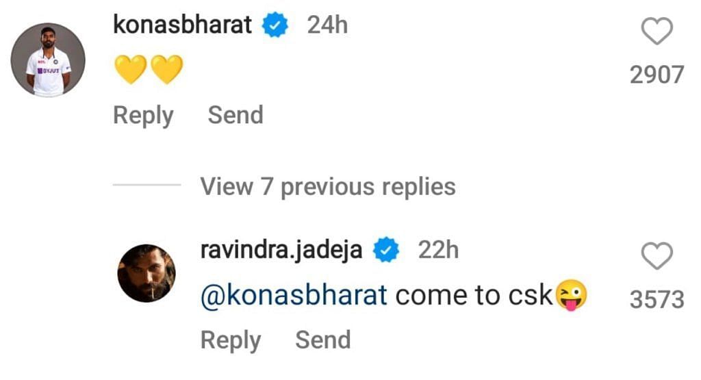 'Come to CSK' - Ravindra Jadeja tries to convince Srikar Bharat to join CSK on Instagram, posts goes viral