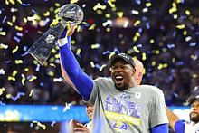 Los Angeles Rams outside linebacker Von Miller lifts the the Lombardi Trophy  after the Rams def …