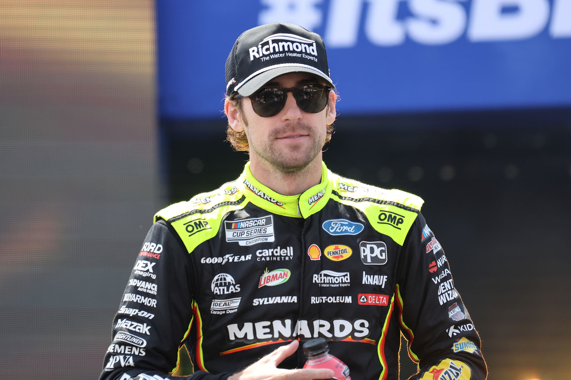 Ryan Blaney’s sister Erin dresses up in an American flag-inspired sweater top