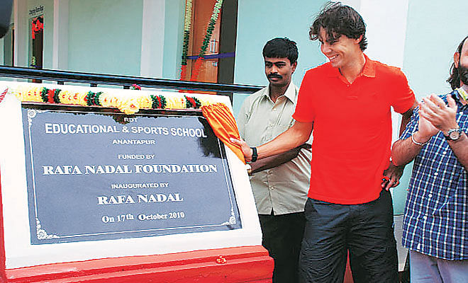 Rafael Nadal in Anantapur three years ago to inaugurate his foundation’s first project on 17th October, 2010 Photo Courtesy: Indian Express